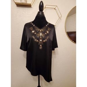 St. John Black Silk Hand Beaded Blouse Women's Size Small